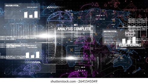 Displaying interface projecting world map with cascading data streams on futuristic control console. Futuristic, technology, interface, analytics, digital, holographic, data