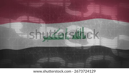 Displaying Iraqi flag with Kufic script in digital backdrop featuring code and circuit lines. Patriotism, technology, digitalart, graphicdesign, networking, cyberculture, modernism
