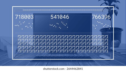 Displaying laptop showing numeric codes and grid on dark screen at home office, with plant, books. Technology, workspace, minimalist, digital, innovation, office, modern