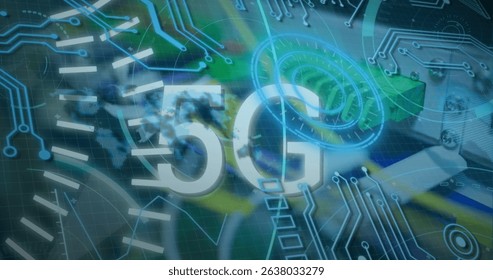Displaying large 5G text in virtual network environment, with circuit traces and data flow arrows. Futuristic, technology, connectivity, digital, innovation, cyberspace, network