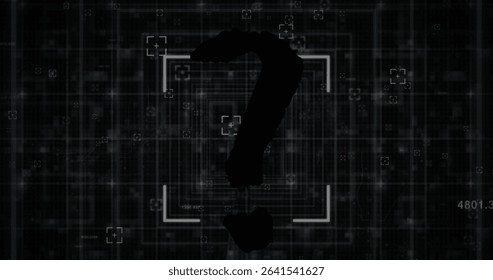 Displaying large black question mark at virtual interface, with grid lines and reticles. Technology, futurism, data visualization, digital interface, cybersecurity, analytics, innovation