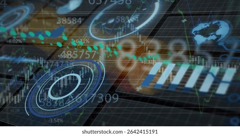 Displaying large concentric chart over futuristic interface, with glowing nodes and numeric labels. Futuristic, data, visualization, interface, holographic, analytics, technology