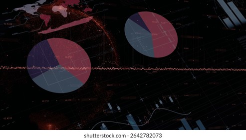 Displaying large pie chart at lower left on dashboard, with glowing globe and waveform, copy space. Data visualization, analytics, technology, digital interface, futuristic, business intelligence,