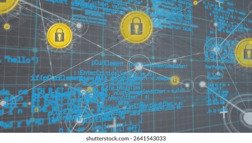 Displaying large yellow padlock icon hovering over grid environment, with white lines and blue code. Cybersecurity, digital, protection, encryption, network, technology, safeguard