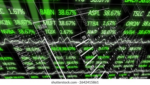 Displaying layered panels on digital trading dashboard, with ticker symbols and white line graphs. Futuristic, technology, analytical, interface, digital, data, visualization