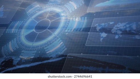 Displaying left-side translucent radar HUD with concentric rings over coastal dusk, data panels. Futuristic, overlay, ocean, horizon, grid, silhouette, telemetry - Powered by Shutterstock - Get 15% off with code: PIKWIZARD15