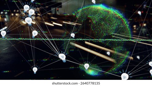 Displaying lightbulb node icons and point-cloud globe on nighttime road, with blurred lights. Futuristic, technological, connectivity, digital, innovation, urban, cyber