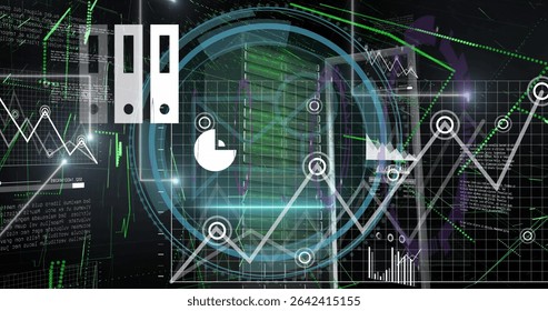 Displaying line graph overlay on server rack, with circular markers, HUD circles and code overlays. Technology, data, analytics, visualization, interface, futurism, digital