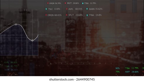 Displaying line graph overlaying dusk city skyline with grid, highway light trails and data labels. Urban, technology, analytics, data, innovation, modern, business