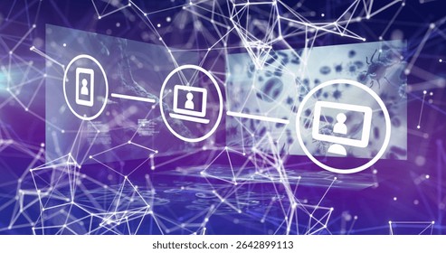 Displaying linked phone laptop desktop icons with silhouettes and code in purple-blue network mesh. Technology, connectivity, cyberspace, innovation, digital, futuristic, data