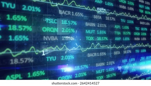 Displaying luminous electronic stock market data on trading desk screen, with neon green line graph. Technology, finance, data visualization, digital interface, futuristic, analytics, investment