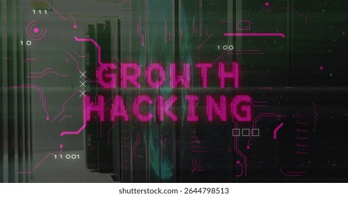 Displaying magenta GROWTH HACKING glitching over servers at data center, with neon circuit graphics. Technology, digital, cybersecurity, innovation, data, network, futuristic