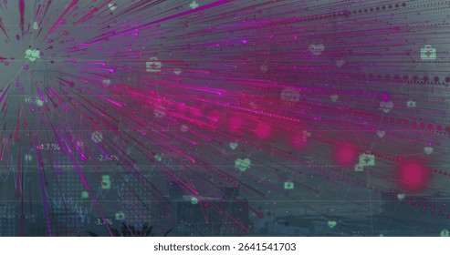 Displaying magenta network overlay over twilight cityscape, with hearts, chat bubbles, data nodes. Futuristic, digital, abstract, urban, connectivity, technology, data