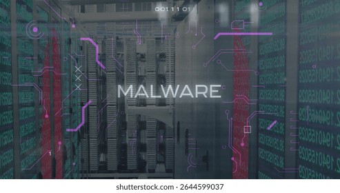 Displaying MALWARE text floating in data center aisle, with server racks blinking LEDs and overlays. Cybersecurity, technology, digital, network, data, innovation, futuristic