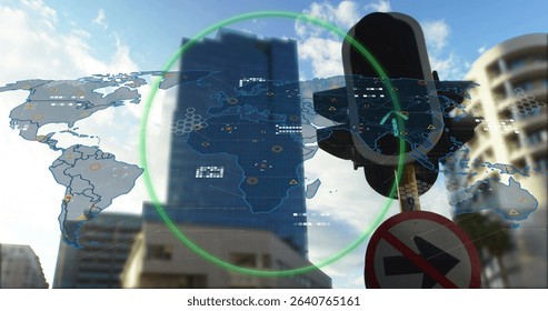 Displaying map with icons, green highlight over city street, with signal and no-right-turn sign. Urban, technology, data, visualization, skyscraper, infrastructure, digital