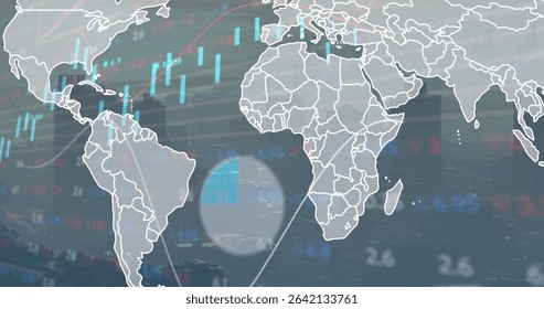 Displaying map outline over data interface showing candlesticks line graphs and circular highlight. Global, analytics, infographic, finance, technology, digital, investment