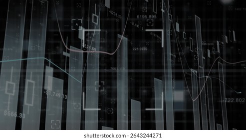 Displaying market chart on trading interface, with bars, candlesticks, line graphs and grid overlay. Financial, data, analytics, digital, modern, technology, investment - Powered by Shutterstock - Get 15% off with code: PIKWIZARD15