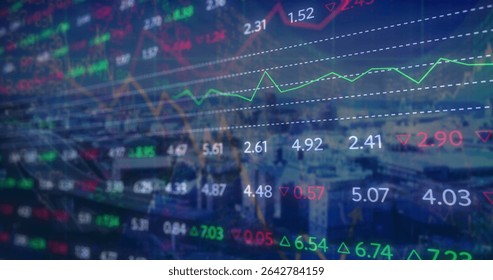 Displaying market line graph with trend channel over dusky skyline, with numeric data and arrows. Financial visualization, urban landscape, data analytics, technology, cityscape, investment, business