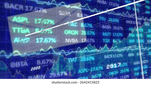 Displaying market overlay panel on trading desk, showing tickers, percentages and dual trend lines. Finance, data visualization, technology, analytics, digital, corporate, modern