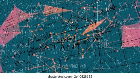 Displaying math graphic showing formulas and circles on teal grid, overlaying polygons with nodes. Technology, innovation, data visualization, digital art, geometric design, network analysis, abstract