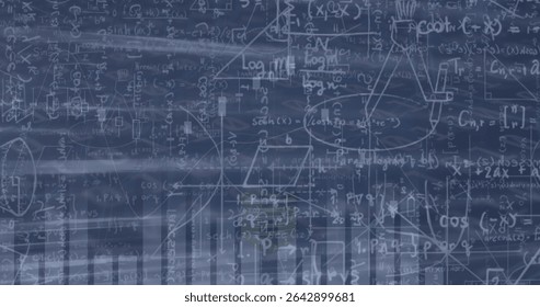 Displaying mathematical annotations covering chalkboard space, with equations and plotted charts. Science, education, data, analytics, technology, research, visualization