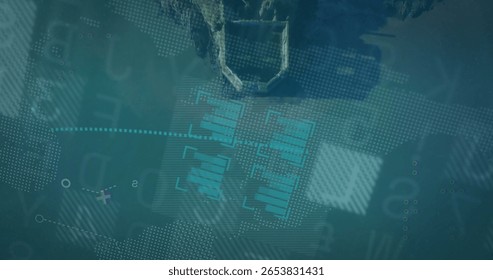 Displaying metal frame floating over teal interface, with dotted world map and turquoise bar charts. Futuristic, digital, data, visualization, analytics, technology, innovation