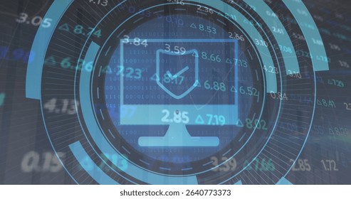 Displaying monitor icon radiating HUD rings in cyber UI, with shield checkmark and numeric data. Technology, cybersecurity, data visualization, digital interface, network security, futuristic, data
