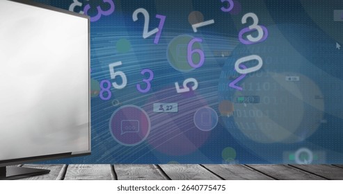 Displaying monitor resting on wooden surface in workspace, data trails numbers icons, copy space. Technology, digital, minimalist, innovation, hardware, futuristic, interface - Powered by Shutterstock - Get 15% off with code: PIKWIZARD15