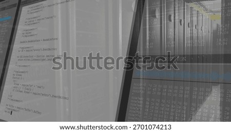 Displaying monitors showing source code, FileENCRYPTION progressbar and hex dump at server racks. Datacenter, cybersecurity, terminal, interface, cipher, reflections, leds