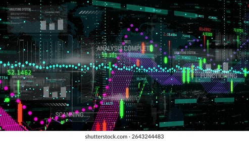 Displaying multicolored candlestick and dotted trend charts on trading dashboard, with world map. Finance, analytics, technology, dashboard, data, investment, digital - Powered by Shutterstock - Get 15% off with code: PIKWIZARD15