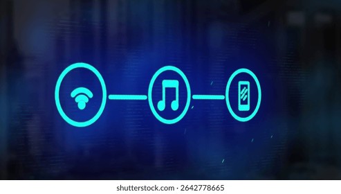 Displaying neon blue schematic spanning digital interface, featuring wifi, music, smartphone icons. Futuristic, technology, connectivity, network, digital, interface, abstract