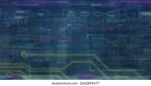 Displaying neon circuit traces with line graphs, stock percentages and grid overlay on interface. Futuristic, technology, analytics, digital, data, innovation, cyber