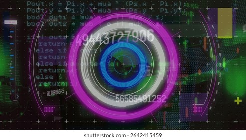 Displaying neon concentric rings floating in futuristic digital interface, numeric overlays visible. Abstract, technology, innovation, data visualization, cyber, futuristic, digital art