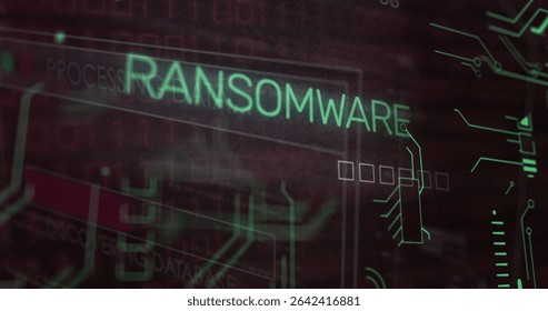 Displaying neon green ransomware text flashing on digital security dashboard, with circuit diagrams. Cyberspace, digital, technology, interface, protection, alert, futuristic