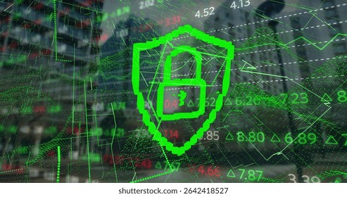 Displaying neon green shield showing padlock icon over financial district scene, with floating data. Cybersecurity, finance, technology, digital, protection, innovation, network