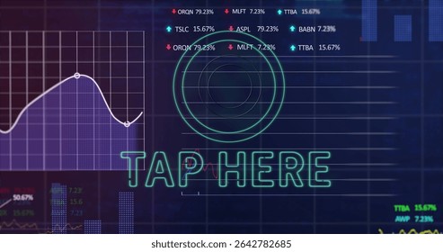 Displaying neon green TAP HERE label with ring overlay on touchscreen panel, with curved line chart. Data, visualization, interface, digital, analytics, holographic, technology