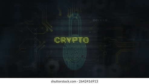 Displaying neon padlock icon and fingerprint on dark digital interface, glowing CRYPTO text. Cybersecurity, digital, futuristic, encryption, technology, security, blockchain
