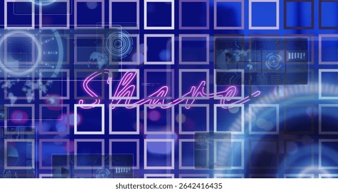 Displaying neon pink cursive Shape glowing over grid on blue purple gradient, with HUD graphics. Technology, futurism, digital, interface, visualization, innovation, abstract