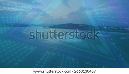 Displaying neon-blue triangle overlay hovering over coastal water at dusk, with dotted data grid. Seascape, digitalart, futuristic, abstract, ocean, scenic, minimalism