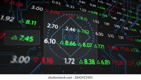 Displaying nested diamonds in dotted circle with floating values and arrows in trading dashboard. Technology, finance, data visualization, digital, network, analytics, futurism