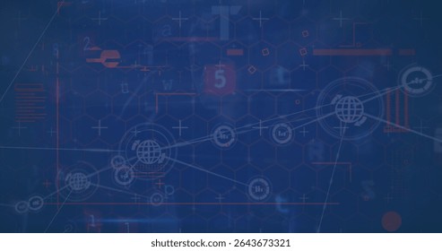 Displaying network diagram linking globe icons on data dashboard, with hex grid, numeric digits. Technology, connectivity, innovation, digital, futuristic, data, visualization