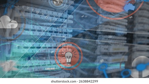 Displaying network equipment with Ethernet cables, overlay icons showing data flow in server room. Technology, connectivity, data infrastructure, digital network, cyber security, industrial design,