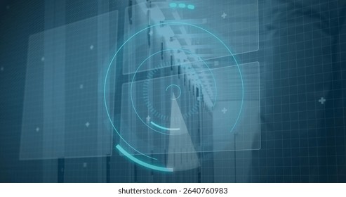 Displaying network equipment and server racks glowing in data center, with translucent UI graphics. Technology, cybersecurity, data, networking, digital, futuristic, enterprise