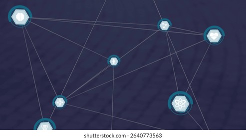 Displaying network extending on purple grid with hexagon science, health and navigation icons. Technology, innovation, connectivity, data visualization, digital, futuristic, cybersecurity - Powered by Shutterstock - Get 15% off with code: PIKWIZARD15