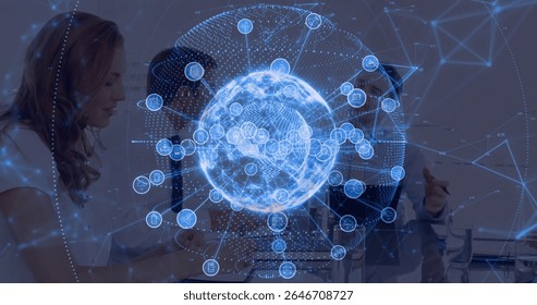Displaying network globe glowing in meeting room above table, with team wearing suits and laptops. Technology, innovation, collaboration, futuristic, data visualization, corporate, digital interface