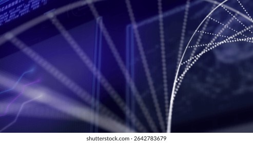 Displaying network interface on virtual display with glowing beams, dotted arcs and code overlay. Technology, data, digital, futuristic, network, sci-fi, cyberspace