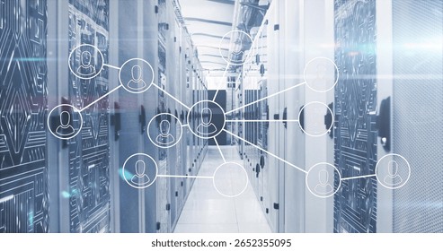 Displaying network node overlay hovering in data center with server racks routers and cable trays. Technology, cybersecurity, data infrastructure, connectivity, industrial, modern, digital