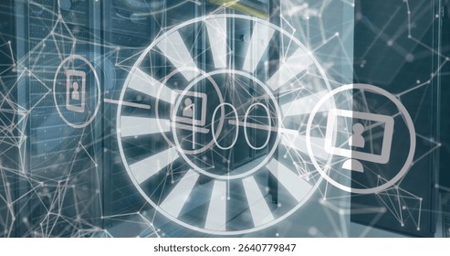 Displaying network overlay pulsing over data center, with server racks, profile and monitor icons. Technology, data, cybersecurity, connectivity, digital, infrastructure, innovation