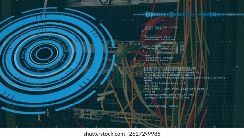 Displaying network switch operating at server rack, with Ethernet cables and code snippet overlay. Tech, cybersecurity, connectivity, digital, data, infrastructure, innovation