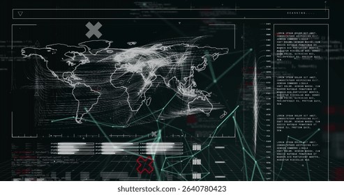 Displaying network traffic on wireframe world map in simulated dashboard, with curved flow lines. Technology, analytics, cybersecurity, data visualization, innovation, digital, futuristic